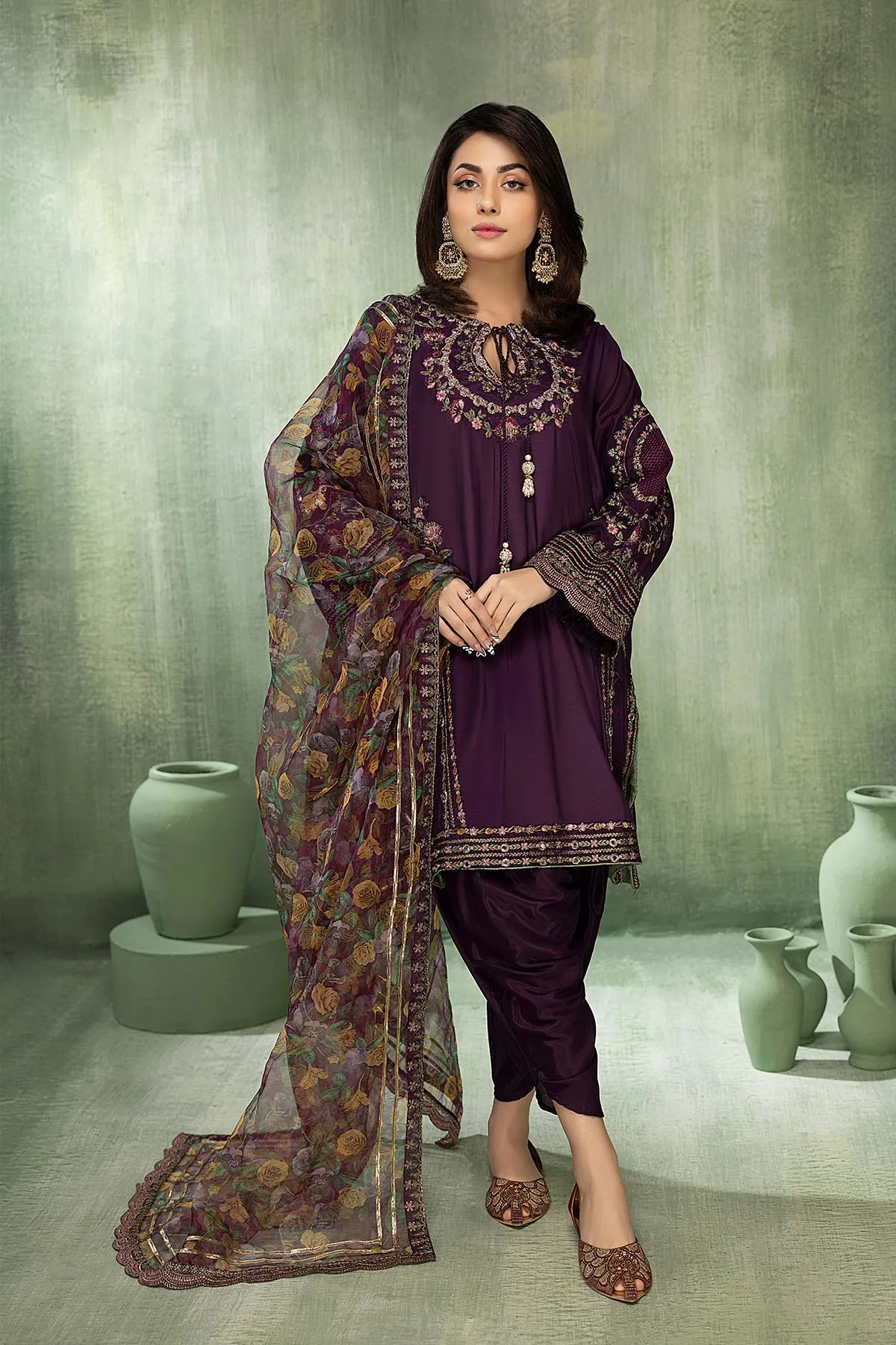 Embroidered Raw Silk Shirt - Organza Dupatta - Tulip Shalwar (CMA22-19-S)