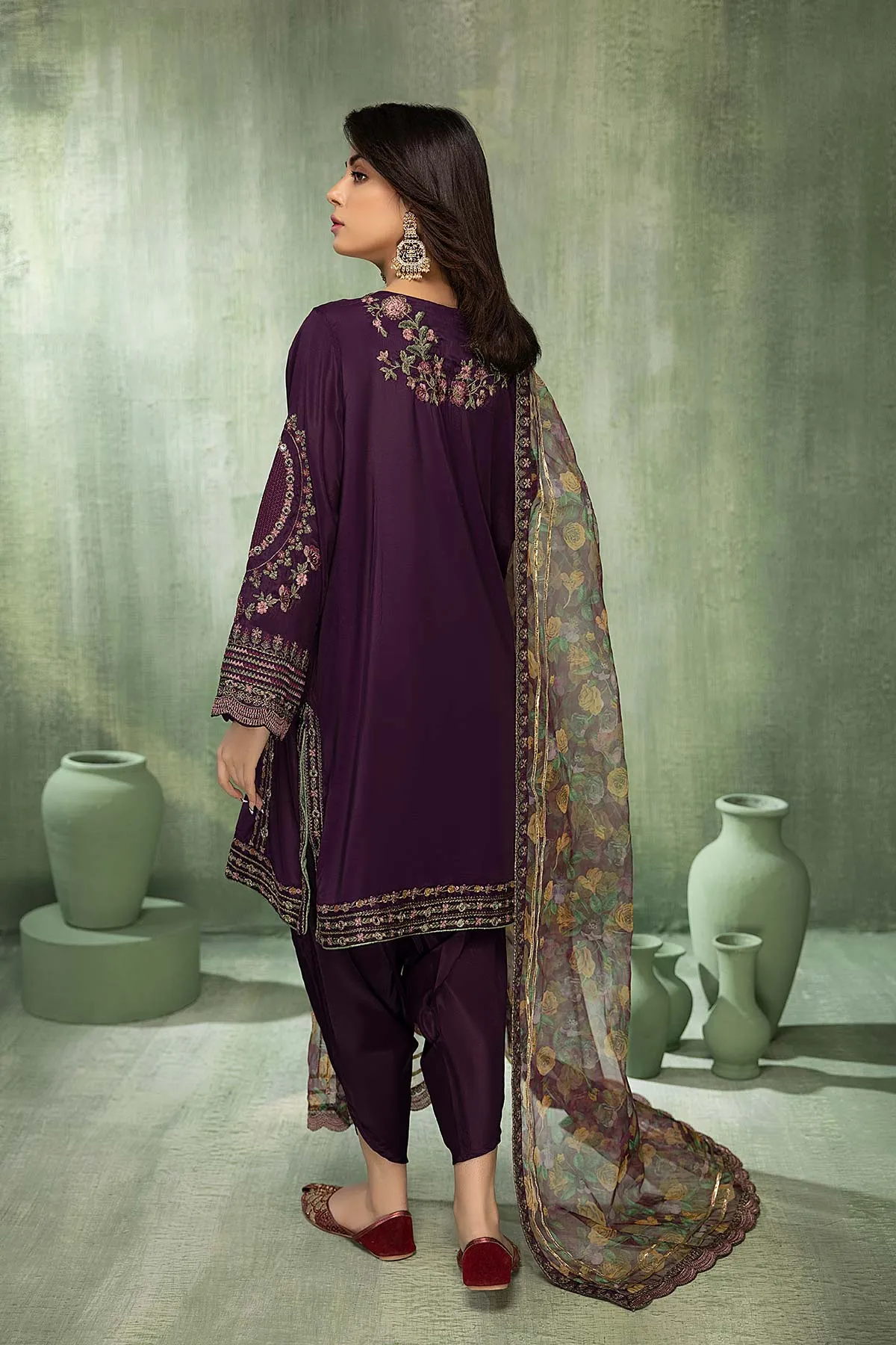 Embroidered Raw Silk Shirt - Organza Dupatta - Tulip Shalwar (CMA22-19-S)