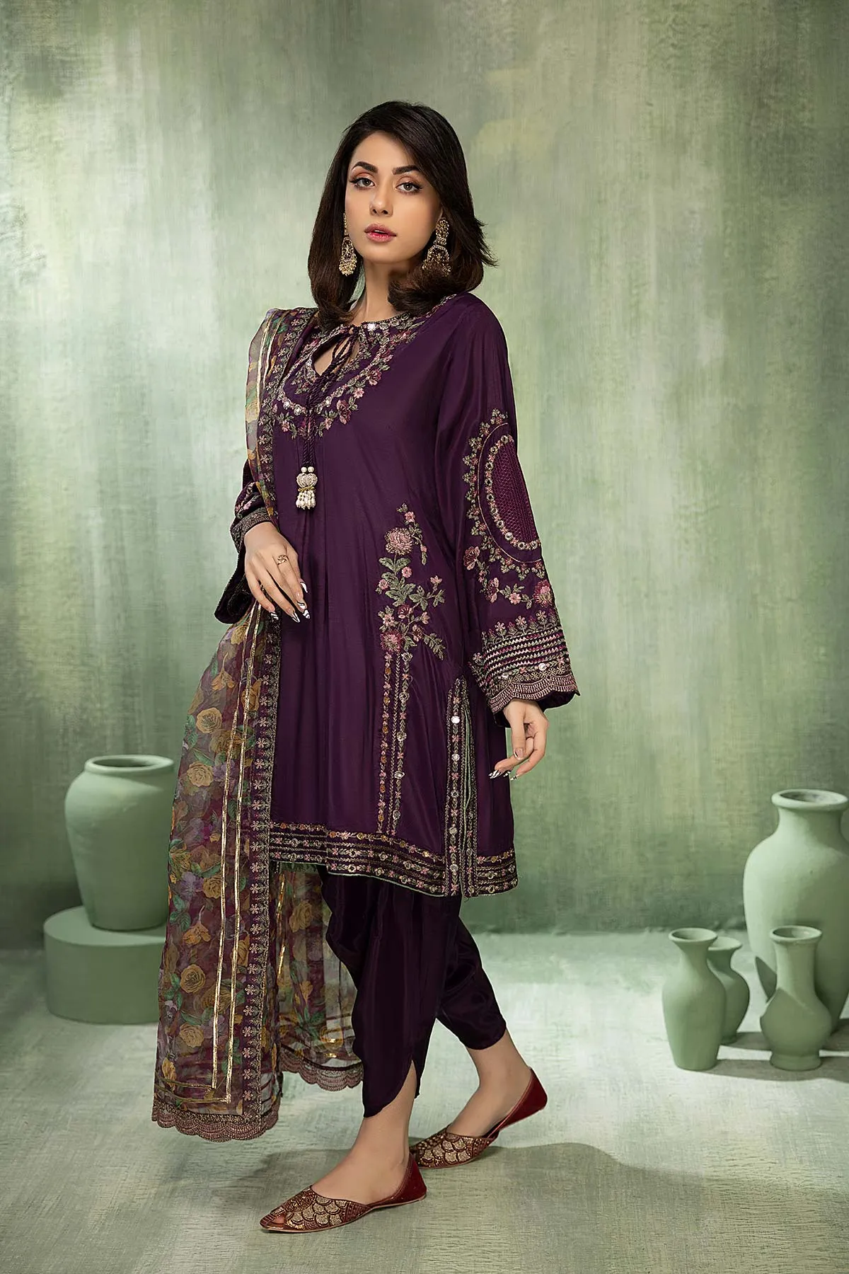 Embroidered Raw Silk Shirt - Organza Dupatta - Tulip Shalwar (CMA22-19-S)