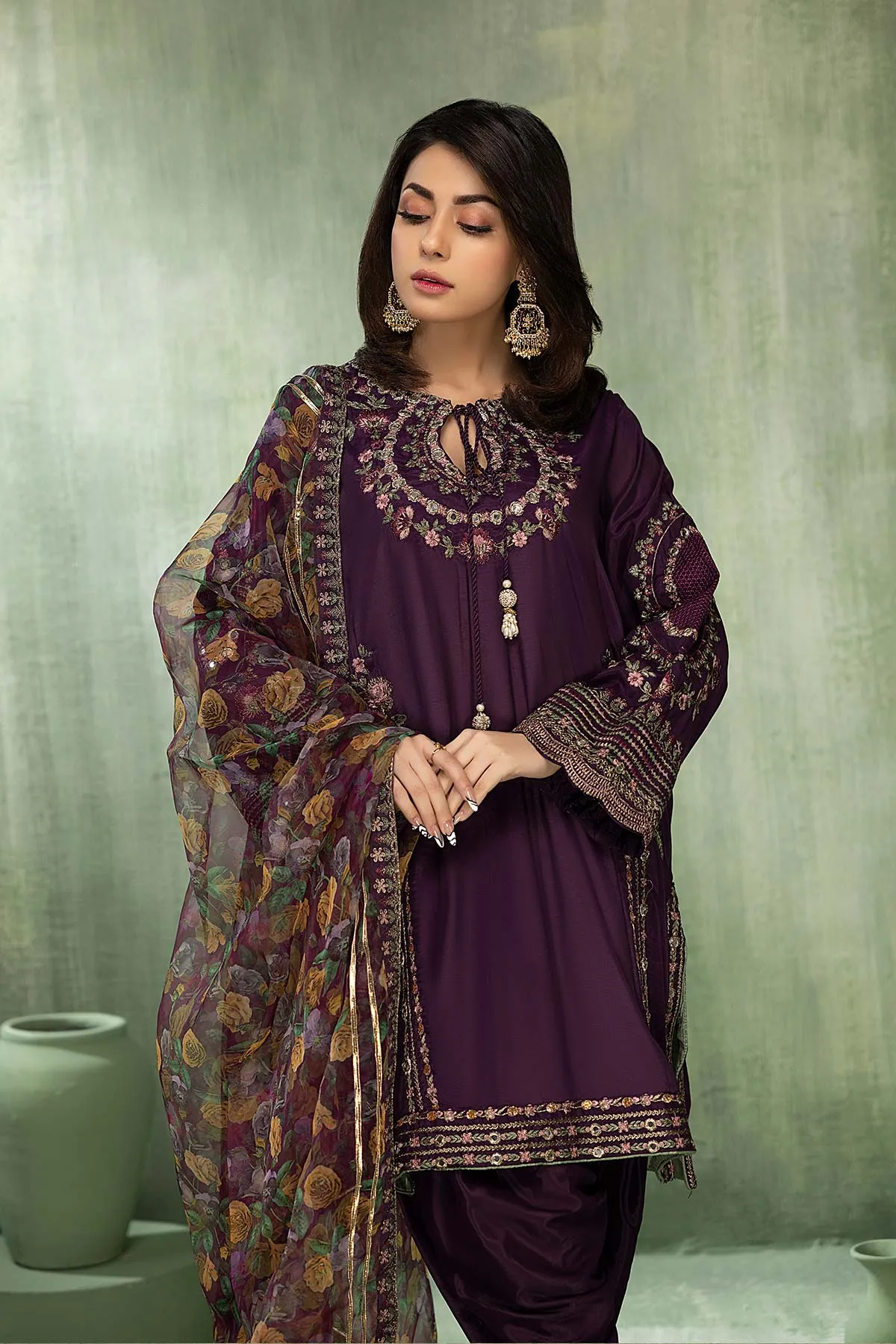 Embroidered Raw Silk Shirt - Organza Dupatta - Tulip Shalwar (CMA22-19-S)