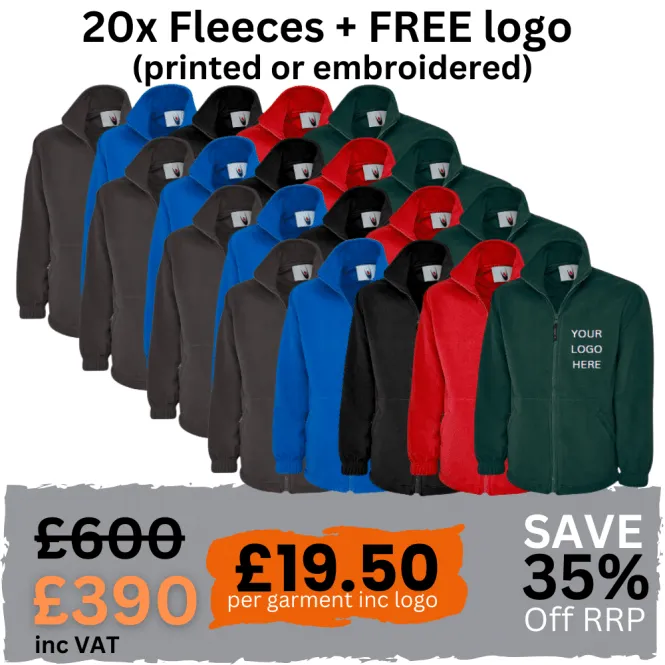 Embroidered Workwear Pack: 20 Fleeces with Logo - Printed or Embroidered.