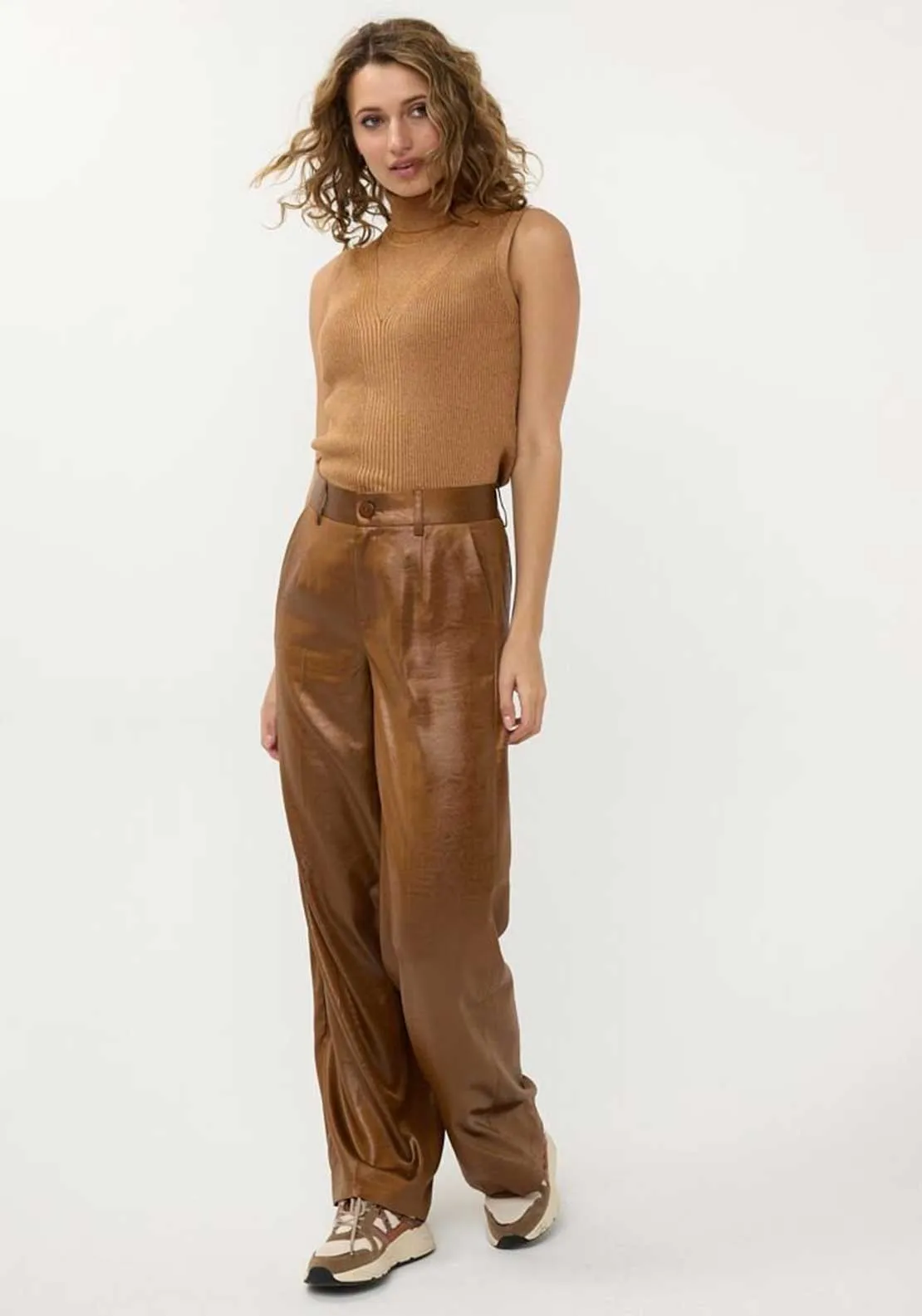 Esqualo Metallic Faux Crinkle Leather Trousers, Tan