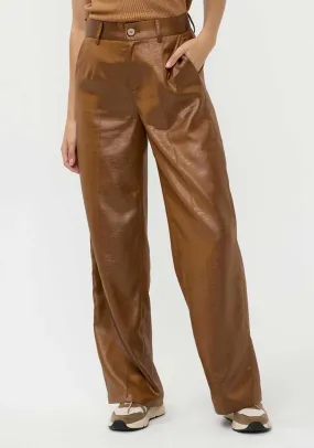 Esqualo Metallic Faux Crinkle Leather Trousers, Tan