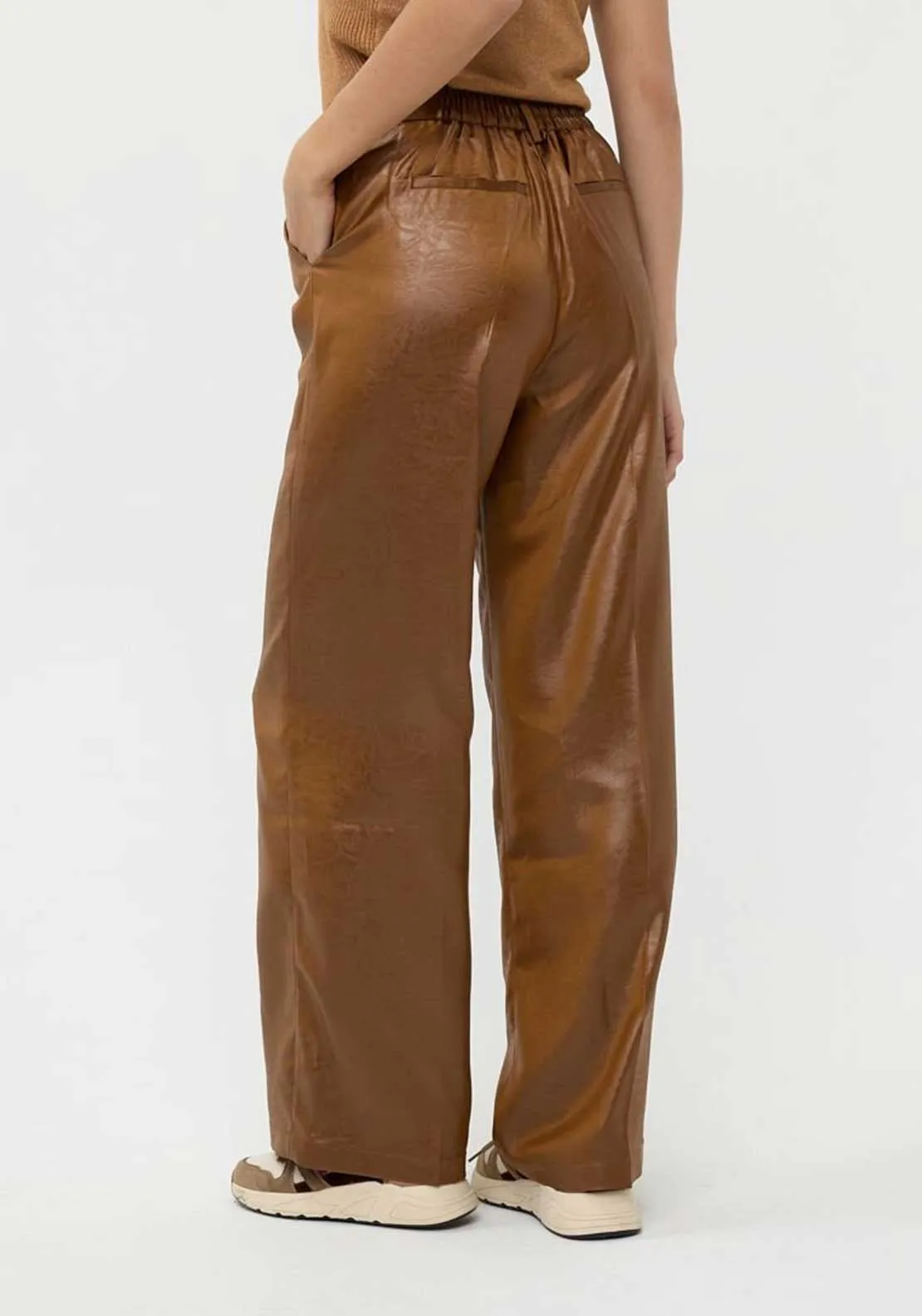 Esqualo Metallic Faux Crinkle Leather Trousers, Tan