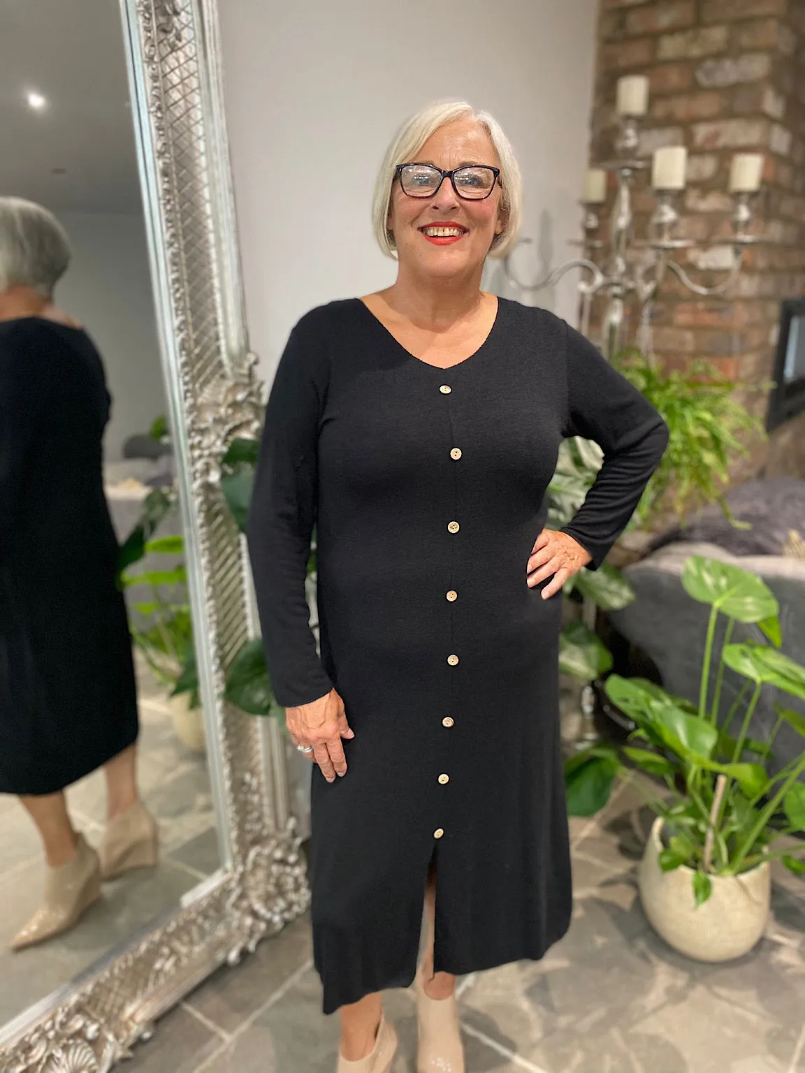 Fine Black Knit Dress with Button Details - Leanne