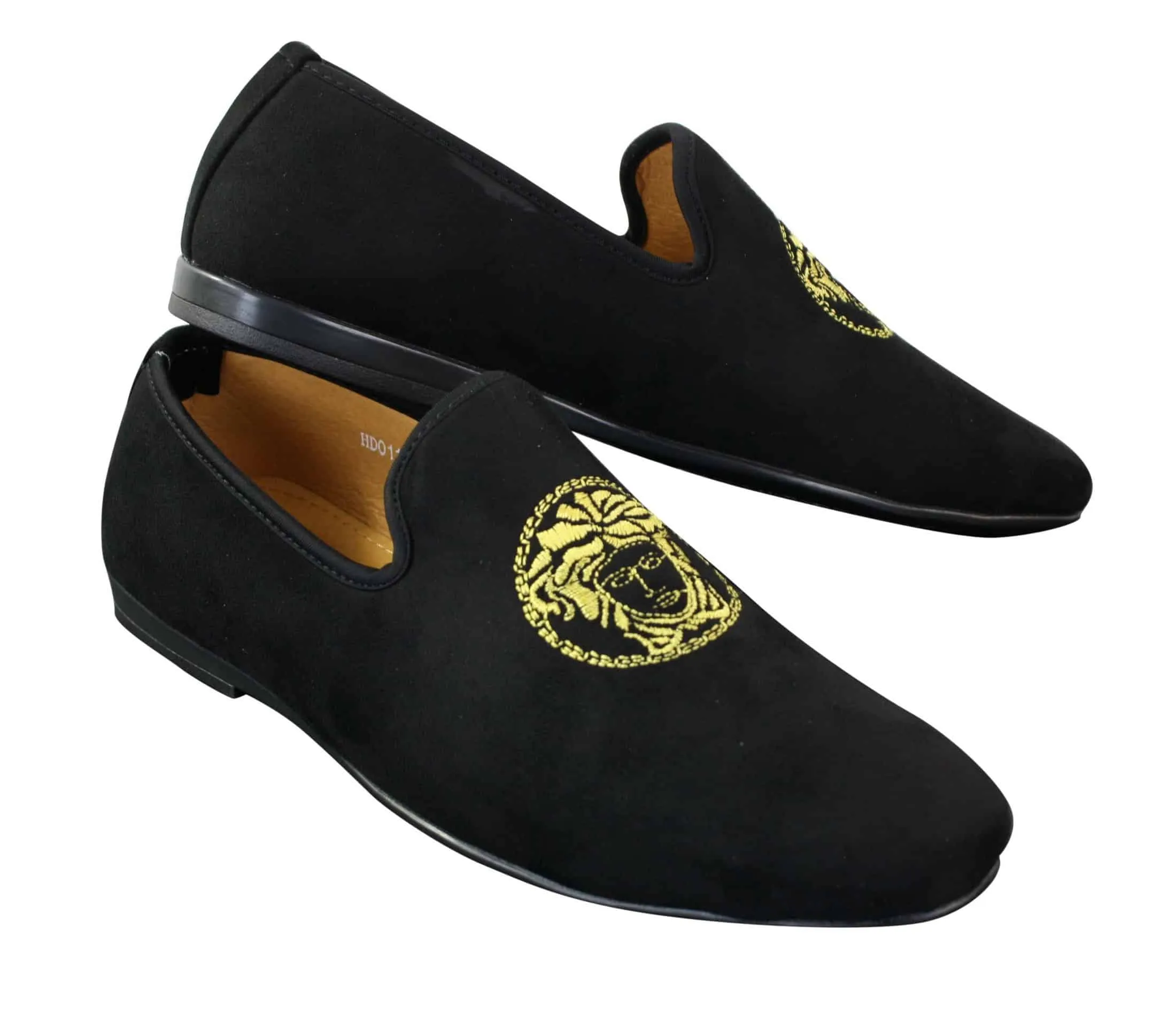 Fiorello HD0112-04 - Mens Black Iconic Medusa Slip On Loafers Moccasins Driving Shoes PU Suede Italian