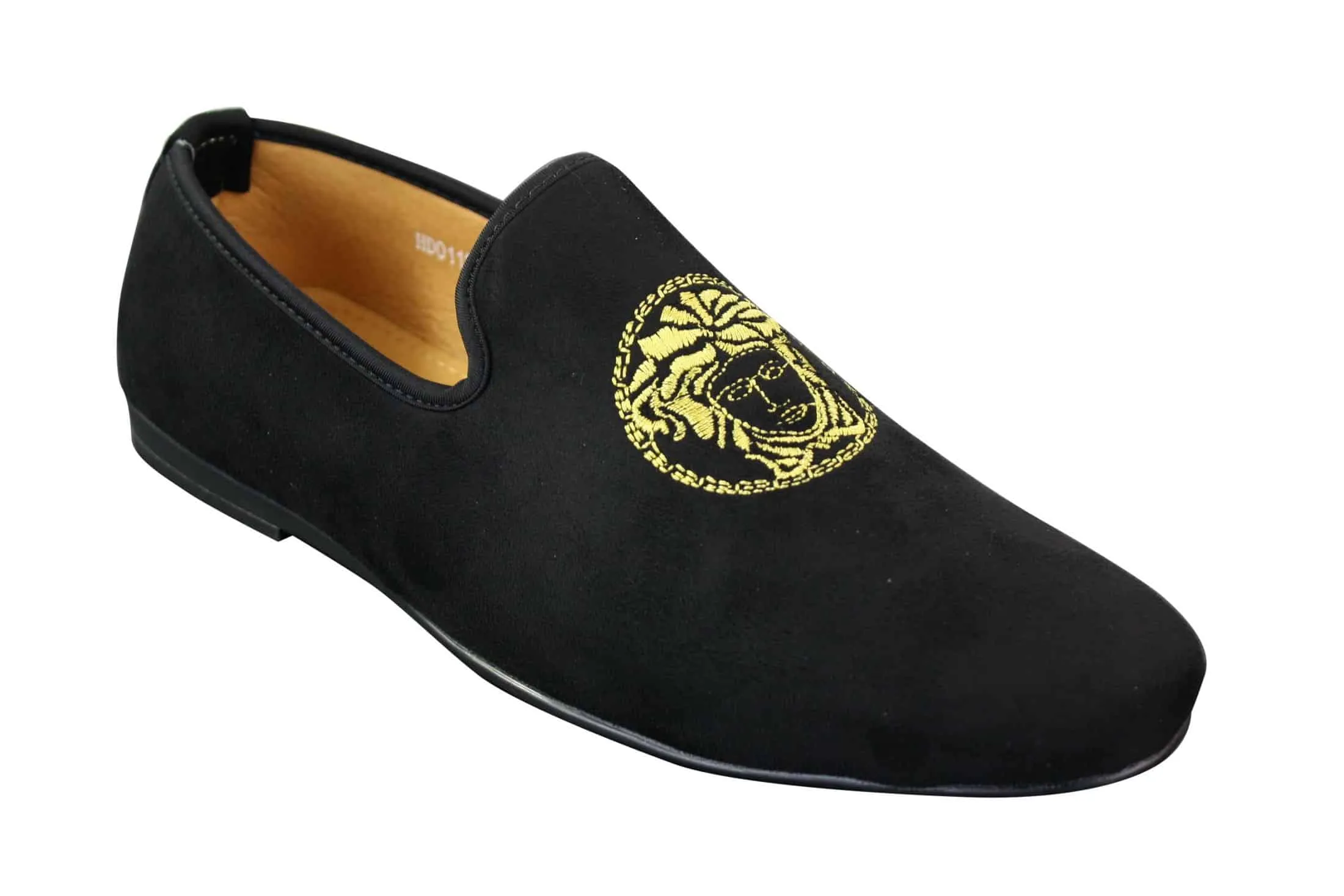 Fiorello HD0112-04 - Mens Black Iconic Medusa Slip On Loafers Moccasins Driving Shoes PU Suede Italian