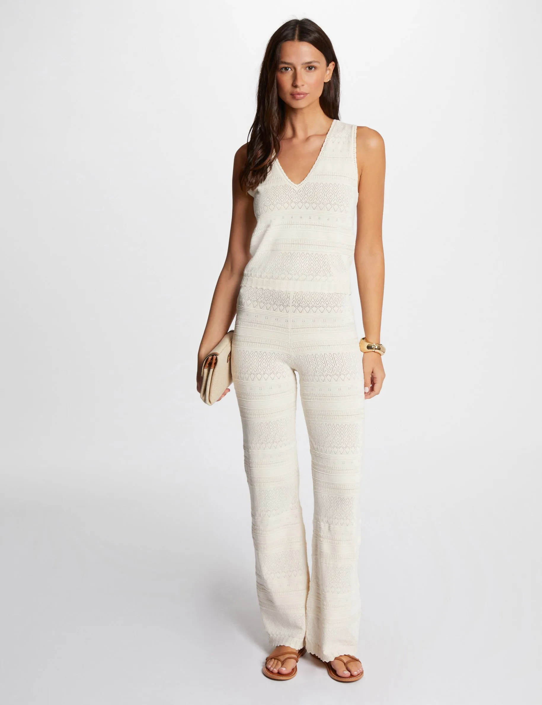 Fitted openwork knit trousers ivory women