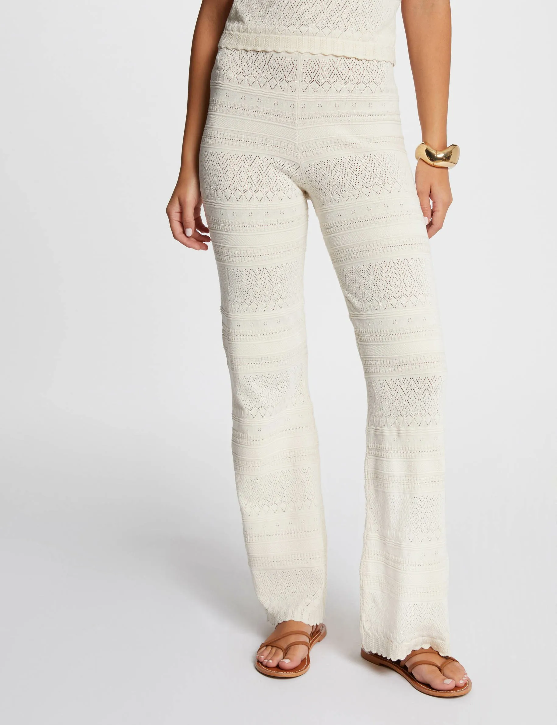 Fitted openwork knit trousers ivory women