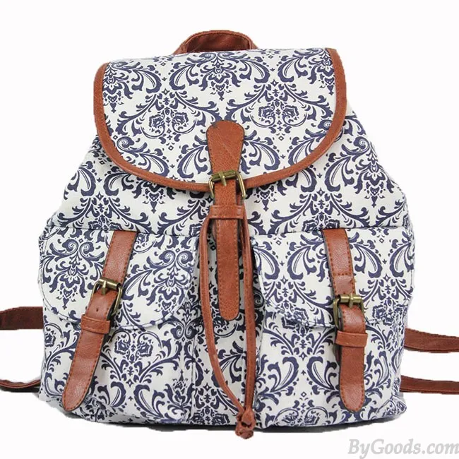 Floral Elephant Stripe Backpack with Two Pockets for College and Leisure