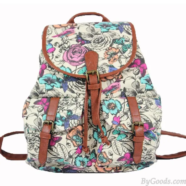 Floral Elephant Stripe Backpack with Two Pockets for College and Leisure