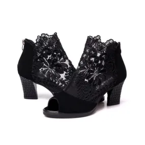 Floral Lace Open-toe High Heel Sandals for Women, Back Zip Dress Shoes