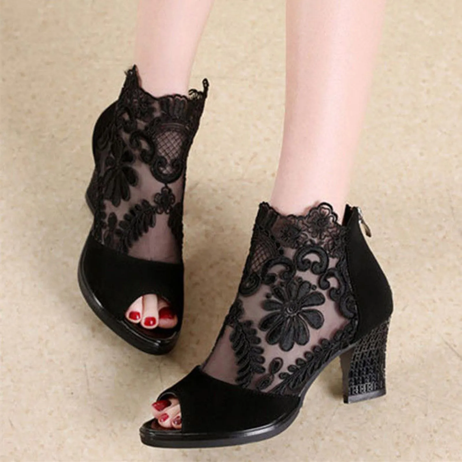 Floral Lace Open-toe High Heel Sandals for Women, Back Zip Dress Shoes