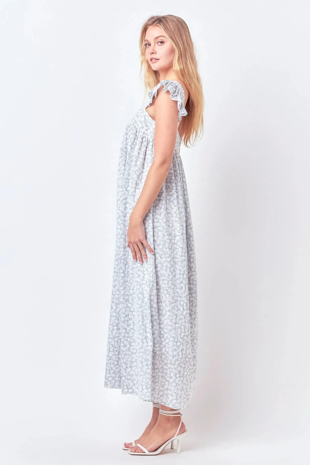 Floral Print Maxi Dress with Embroidery | Blue/White