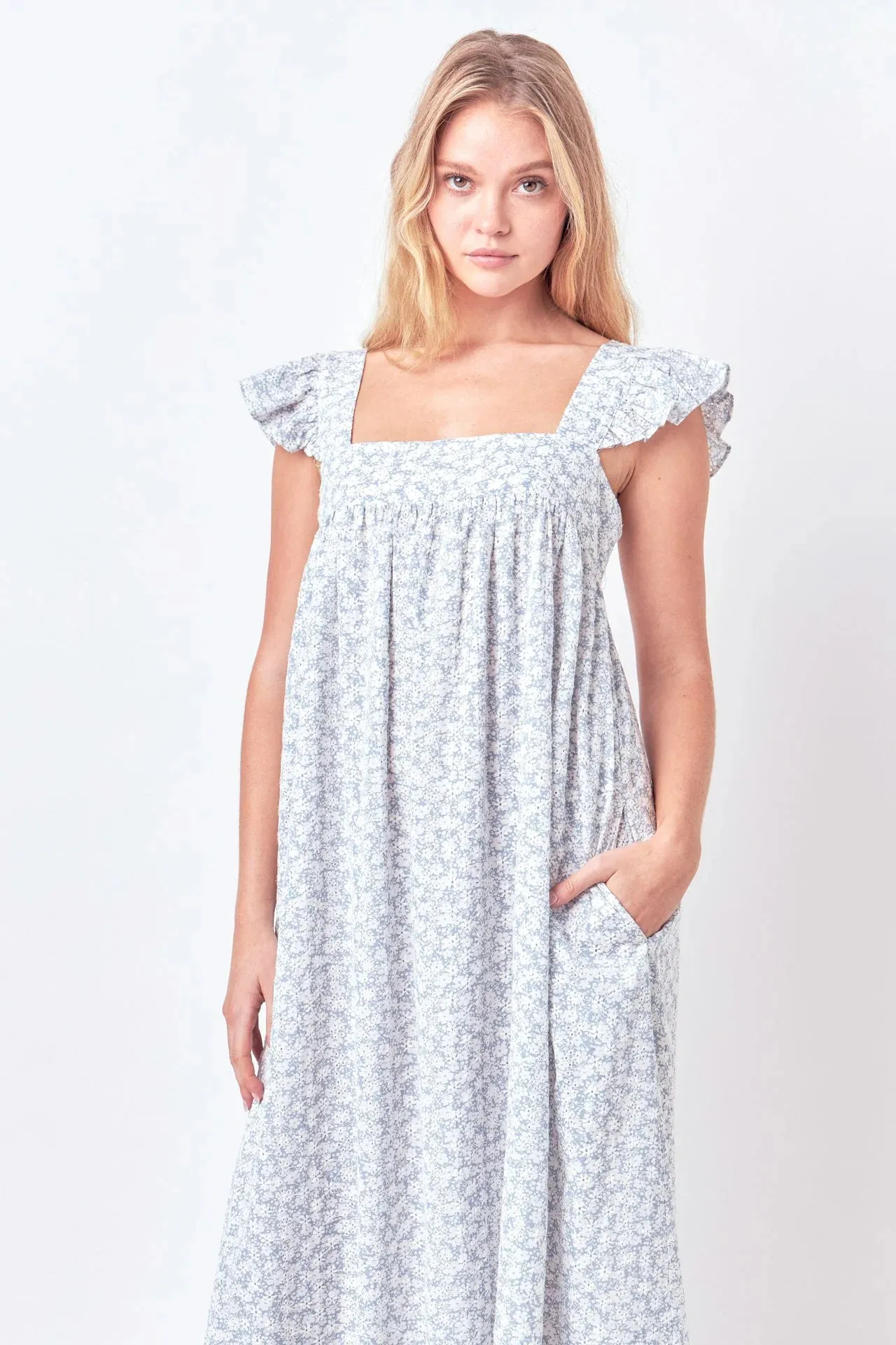 Floral Print Maxi Dress with Embroidery | Blue/White