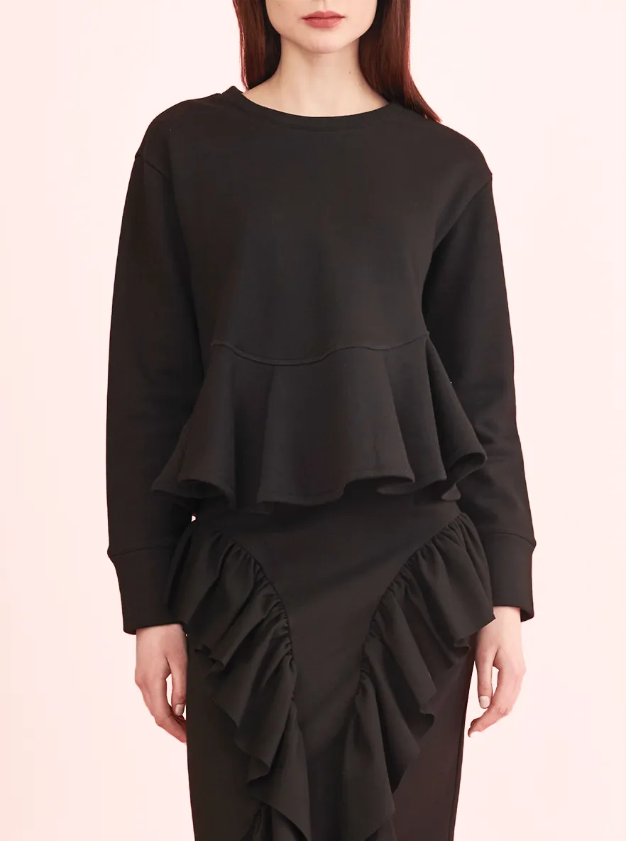 Black Sweatshirt with Flutter Hem