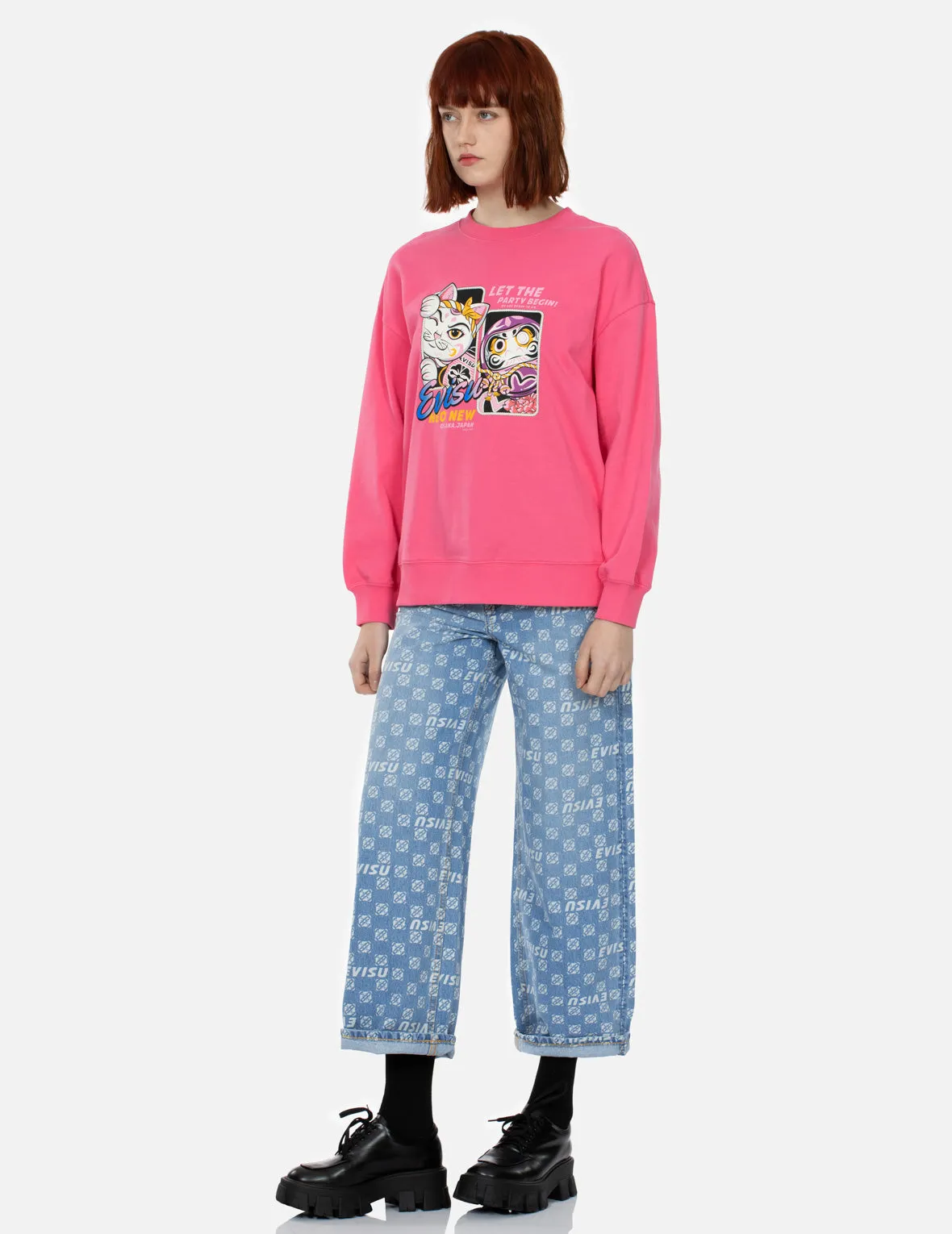 Fortune Cat and Daruma Print Oversized Sweatshirt