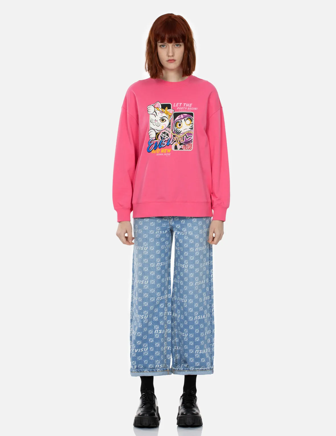 Fortune Cat and Daruma Print Oversized Sweatshirt