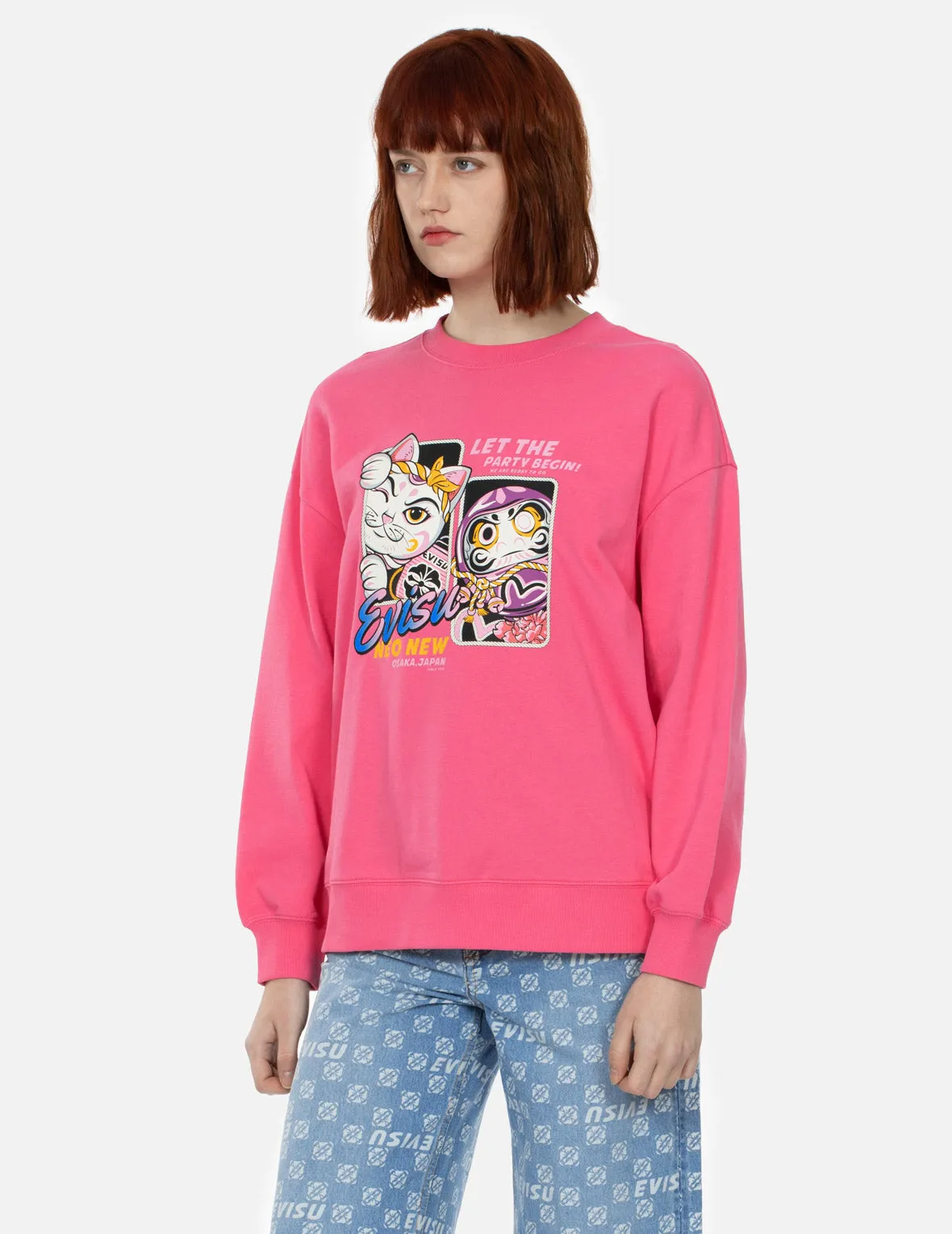 Fortune Cat and Daruma Print Oversized Sweatshirt