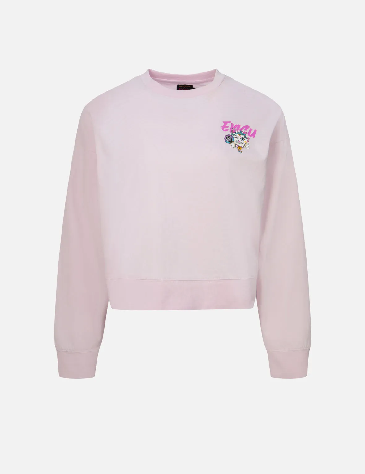 Fortune Cat Print Cropped Sweatshirt