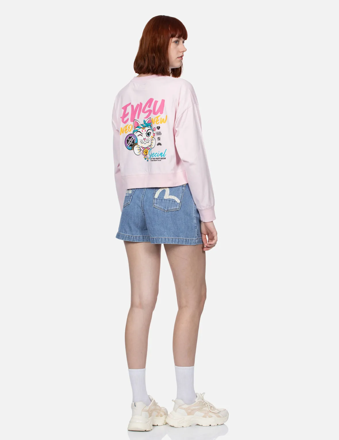 Fortune Cat Print Cropped Sweatshirt