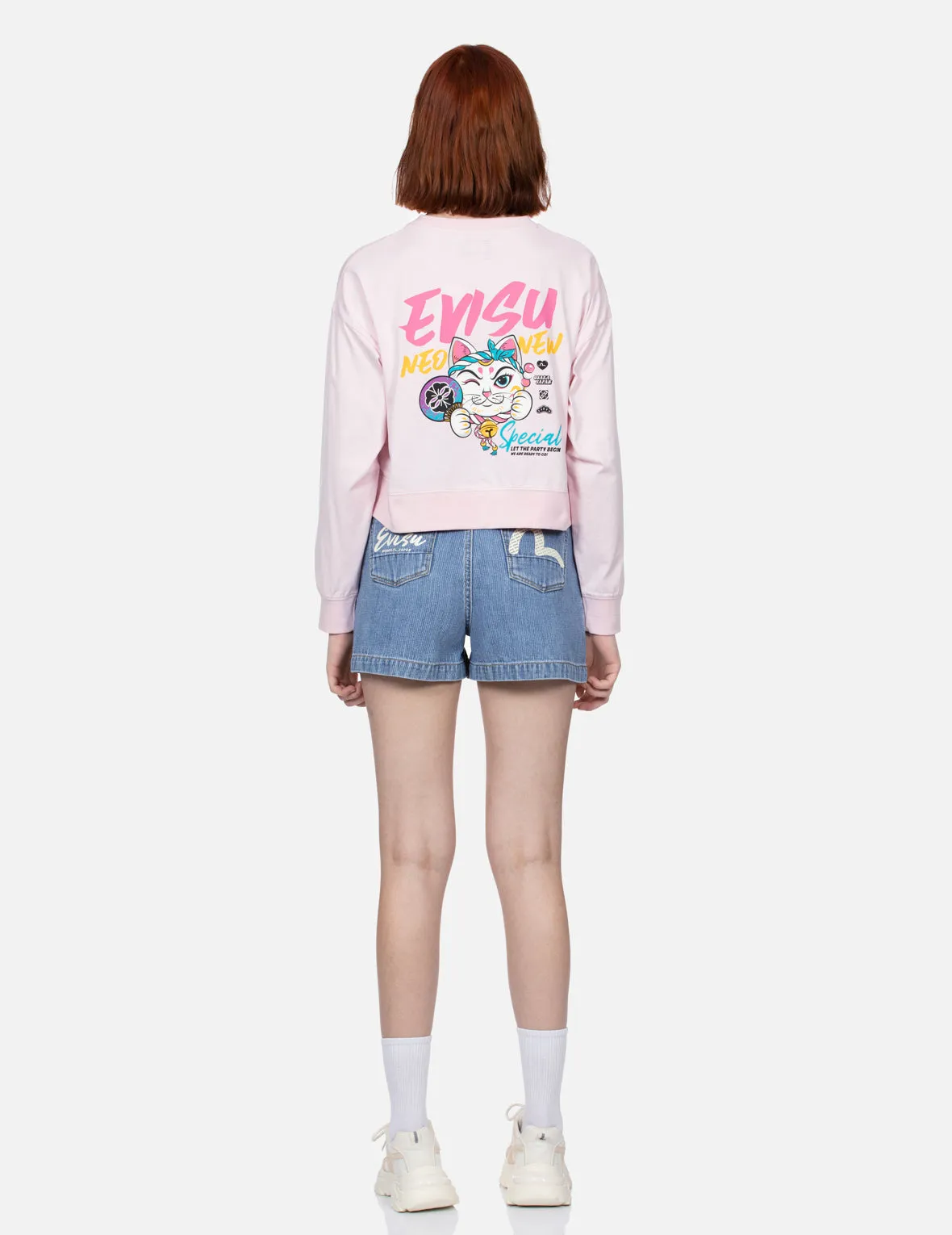 Fortune Cat Print Cropped Sweatshirt