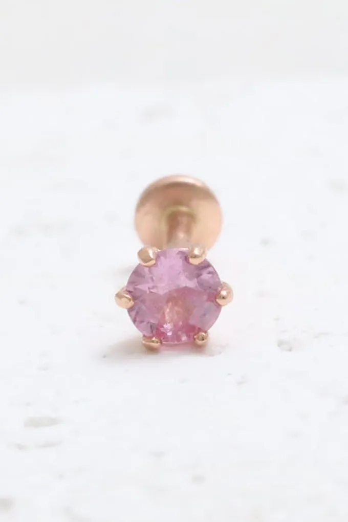 Genuine Pink Sapphire 6 Prongs 14K Solid Gold Ear Tragus, Cartilage, Conch, Helix, Lobe Internally Threaded Flat Back Labret Ear