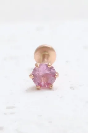 Genuine Pink Sapphire 6 Prongs 14K Solid Gold Ear Tragus, Cartilage, Conch, Helix, Lobe Internally Threaded Flat Back Labret Ear