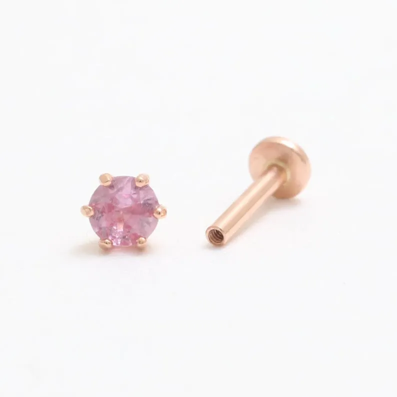 Genuine Pink Sapphire 6 Prongs 14K Solid Gold Ear Tragus, Cartilage, Conch, Helix, Lobe Internally Threaded Flat Back Labret Ear