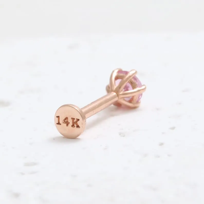 Genuine Pink Sapphire 6 Prongs 14K Solid Gold Ear Tragus, Cartilage, Conch, Helix, Lobe Internally Threaded Flat Back Labret Ear