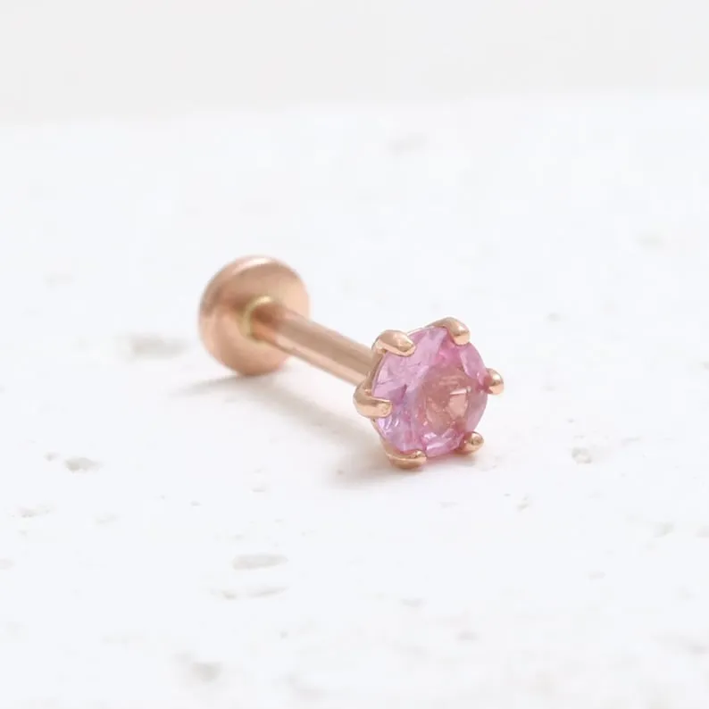 Genuine Pink Sapphire 6 Prongs 14K Solid Gold Ear Tragus, Cartilage, Conch, Helix, Lobe Internally Threaded Flat Back Labret Ear