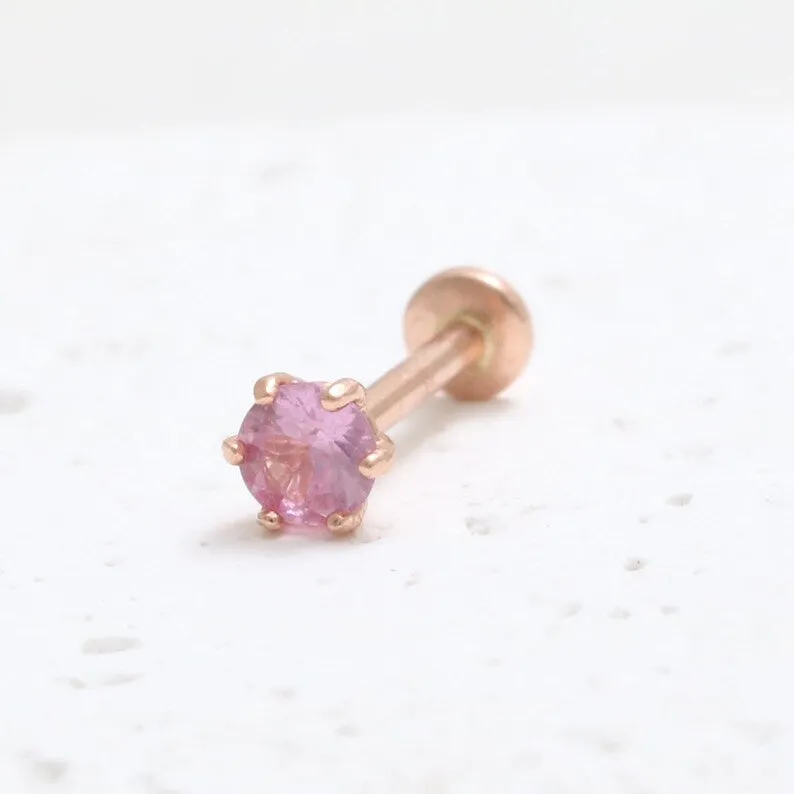 Genuine Pink Sapphire 6 Prongs 14K Solid Gold Ear Tragus, Cartilage, Conch, Helix, Lobe Internally Threaded Flat Back Labret Ear