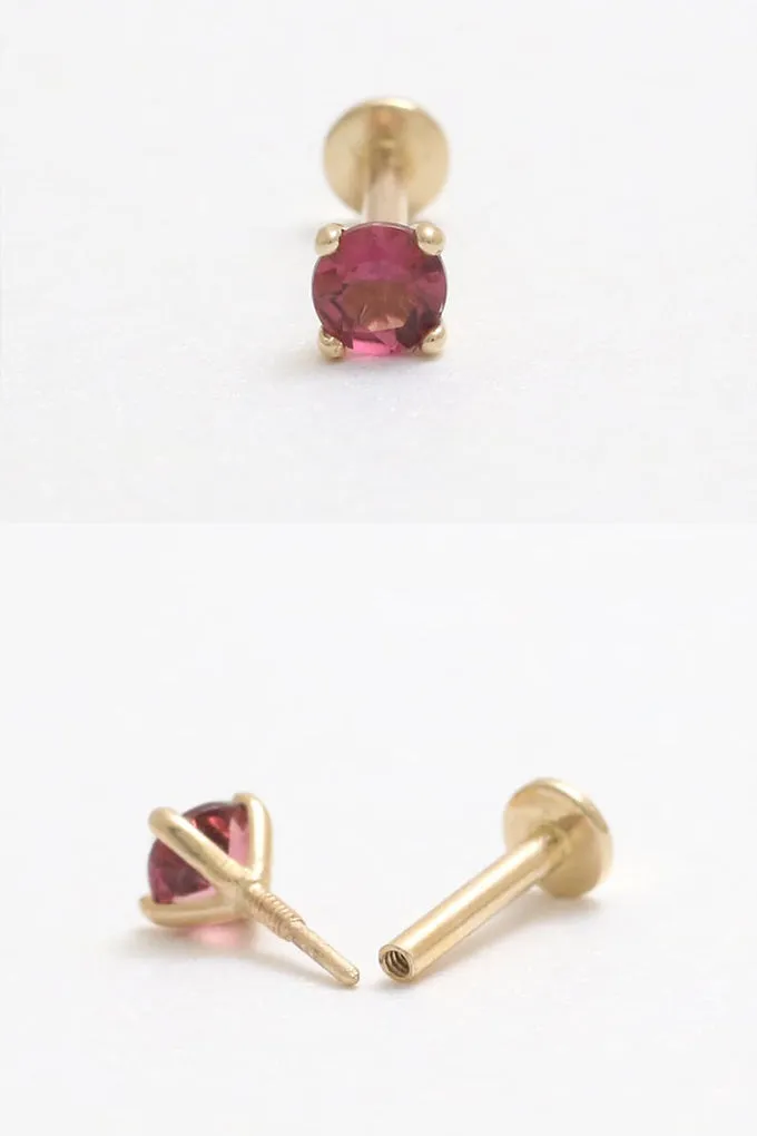 Genuine Pink Tourmaline 4 Prongs 14K Solid Gold Ear Tragus, Cartilage, Conch, Helix, Lobe Internally Threaded Flat Back Labret E