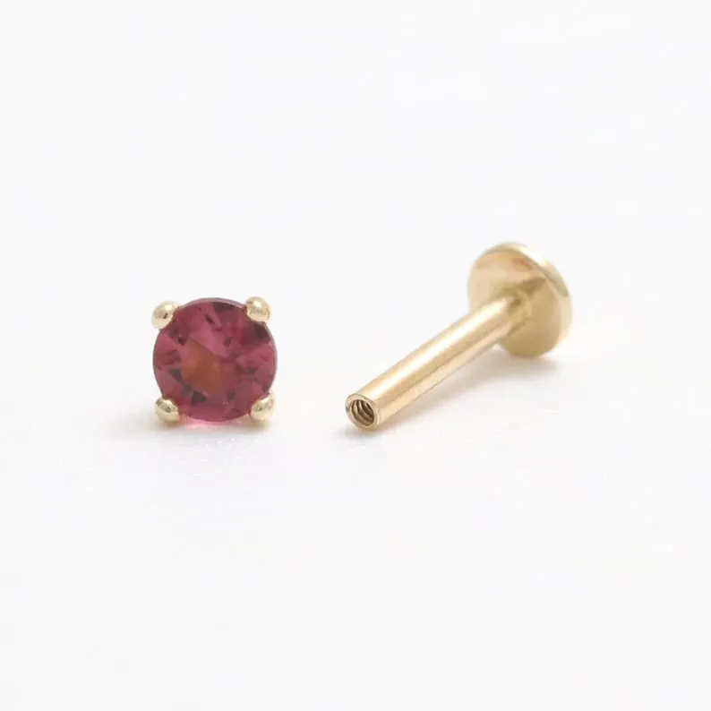 Genuine Pink Tourmaline 4 Prongs 14K Solid Gold Ear Tragus, Cartilage, Conch, Helix, Lobe Internally Threaded Flat Back Labret E