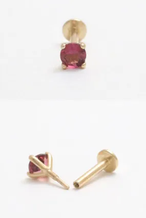 Genuine Pink Tourmaline 4 Prongs 14K Solid Gold Ear Tragus, Cartilage, Conch, Helix, Lobe Internally Threaded Flat Back Labret E