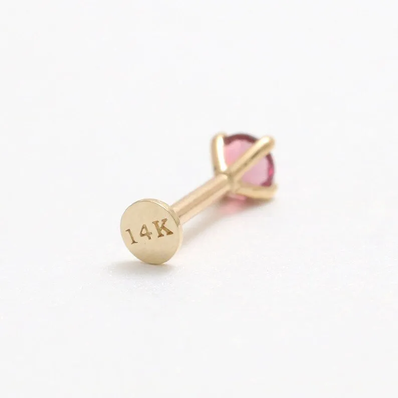 Genuine Pink Tourmaline 4 Prongs 14K Solid Gold Ear Tragus, Cartilage, Conch, Helix, Lobe Internally Threaded Flat Back Labret E