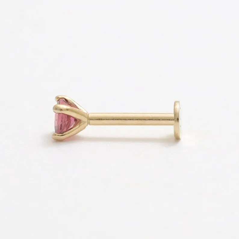 Genuine Pink Tourmaline 4 Prongs 14K Solid Gold Ear Tragus, Cartilage, Conch, Helix, Lobe Internally Threaded Flat Back Labret E