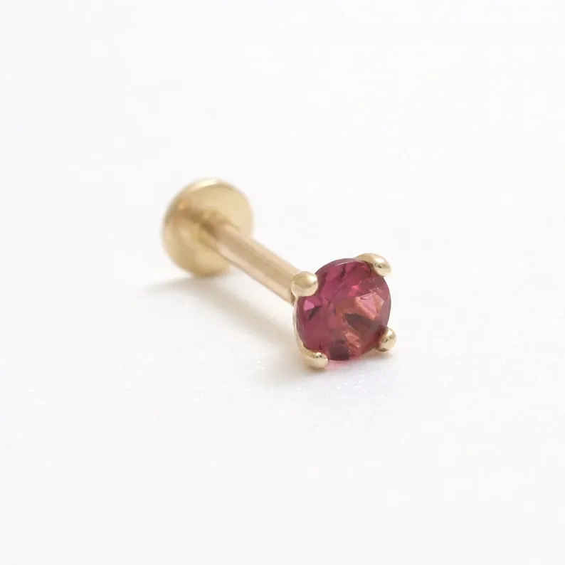 Genuine Pink Tourmaline 4 Prongs 14K Solid Gold Ear Tragus, Cartilage, Conch, Helix, Lobe Internally Threaded Flat Back Labret E