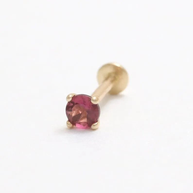 Genuine Pink Tourmaline 4 Prongs 14K Solid Gold Ear Tragus, Cartilage, Conch, Helix, Lobe Internally Threaded Flat Back Labret E