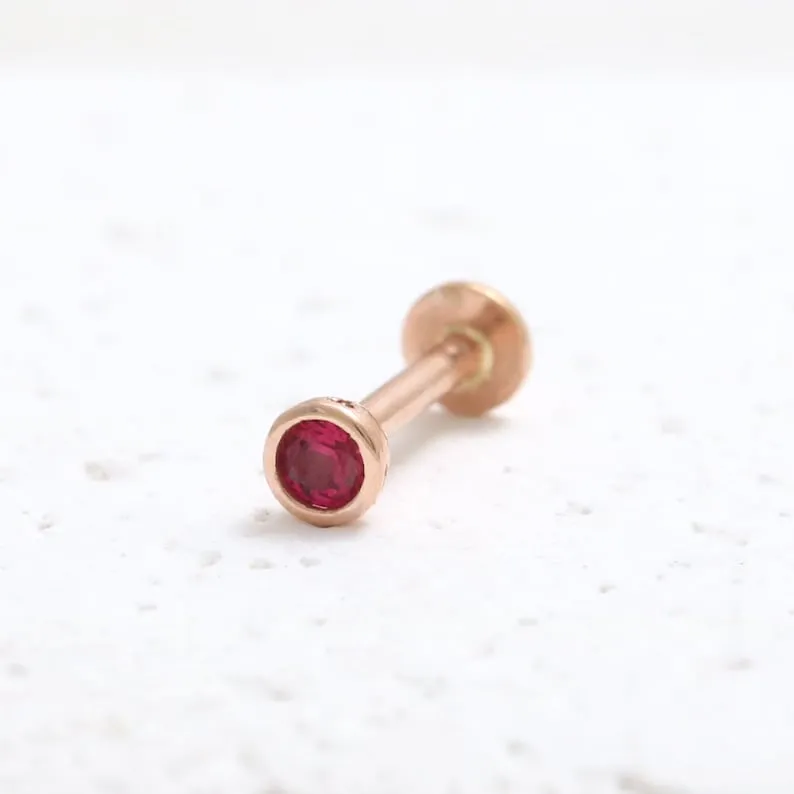 Genuine Ruby Bezel 14K Solid Gold Ear Tragus, Cartilage, Conch, Helix, Lobe Internally Threaded Flat Back Labret Earring