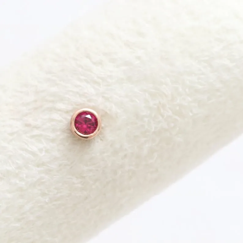 Genuine Ruby Bezel 14K Solid Gold Ear Tragus, Cartilage, Conch, Helix, Lobe Internally Threaded Flat Back Labret Earring