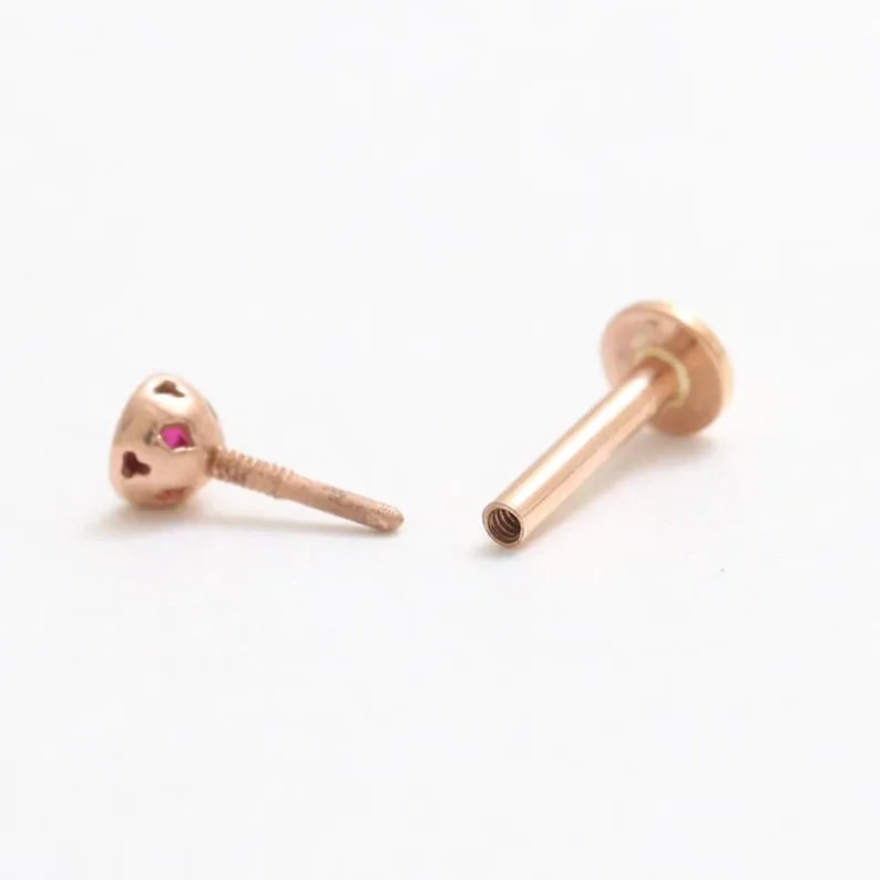 Genuine Ruby Bezel 14K Solid Gold Ear Tragus, Cartilage, Conch, Helix, Lobe Internally Threaded Flat Back Labret Earring