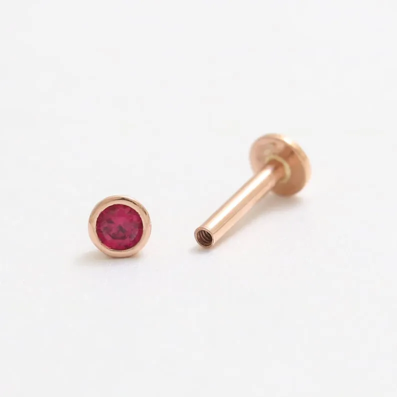 Genuine Ruby Bezel 14K Solid Gold Ear Tragus, Cartilage, Conch, Helix, Lobe Internally Threaded Flat Back Labret Earring