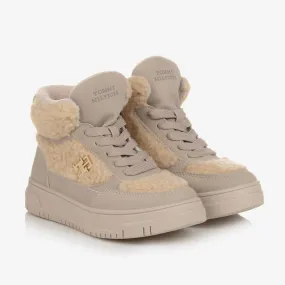 Girls Beige Sherpa Monogram Trainers