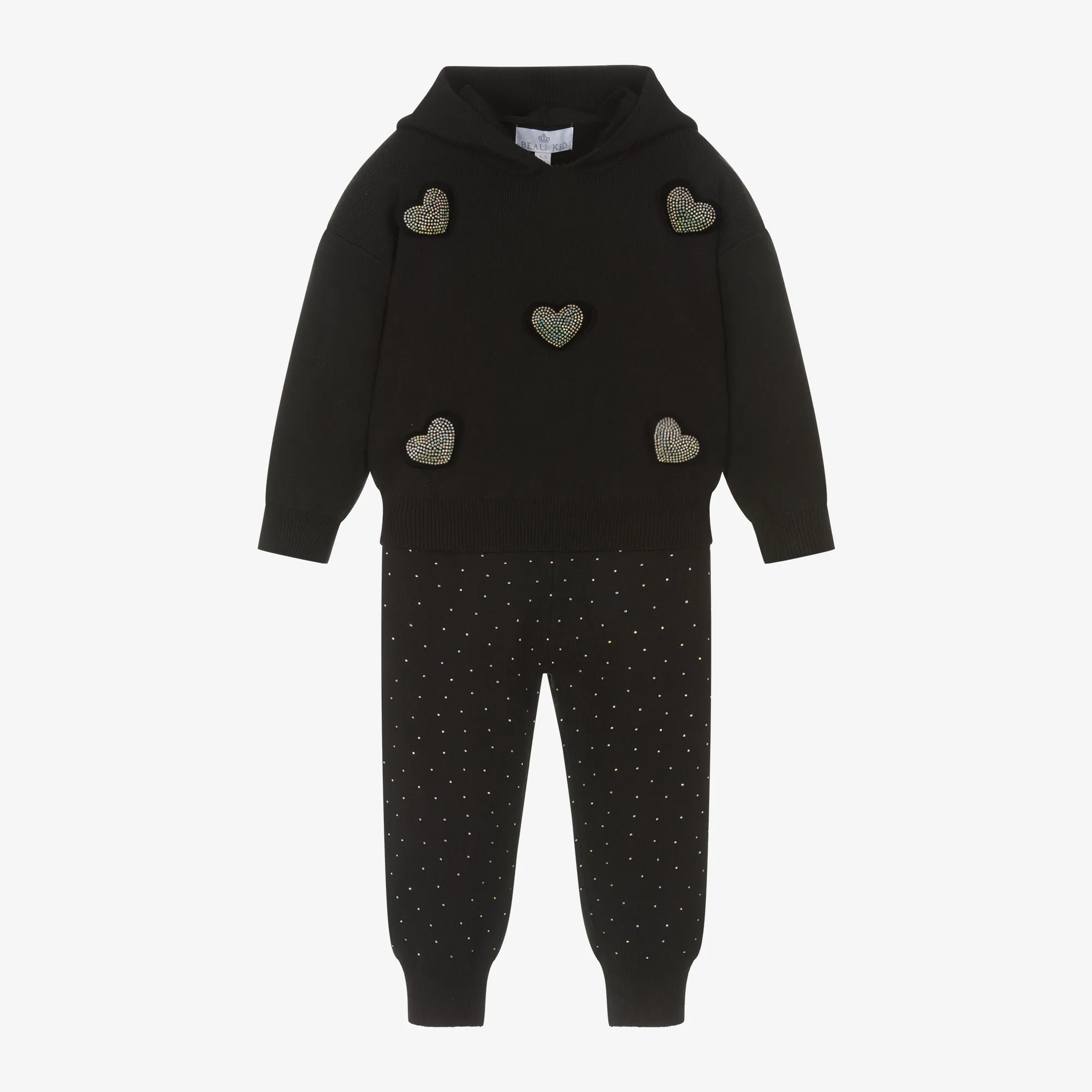 Girls Black Knitted Hooded Tracksuit