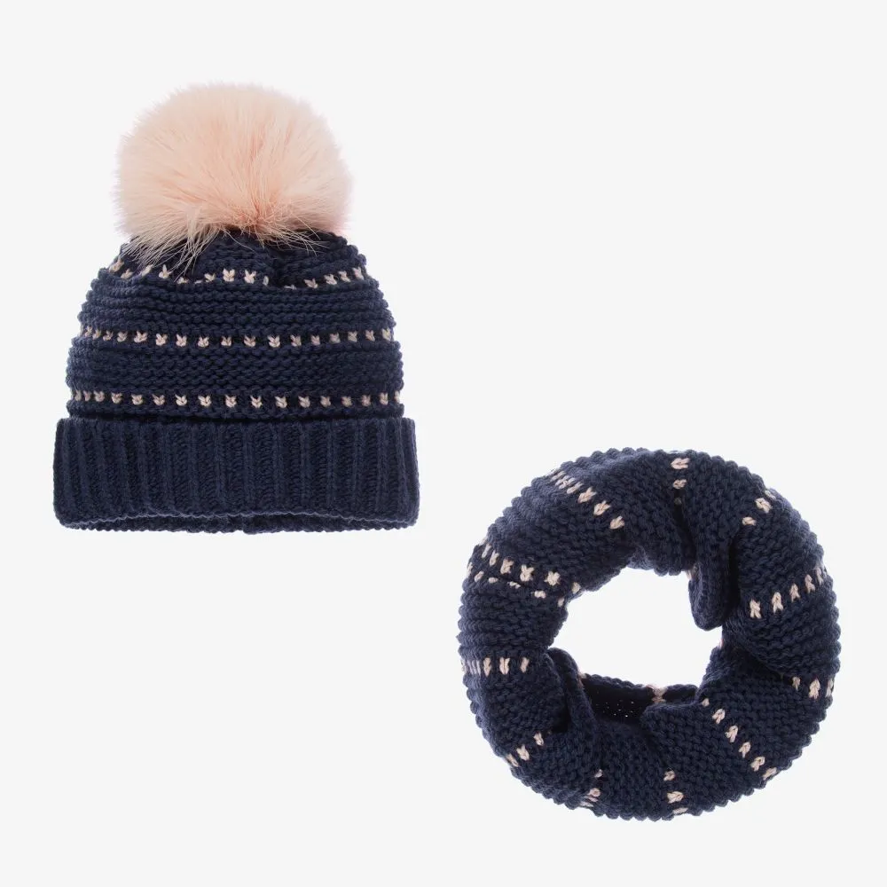 Girls Blue Knitted Hat Set