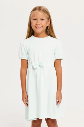 Girls Mint Knit Jacquard Elasticated Dress Whit Bow