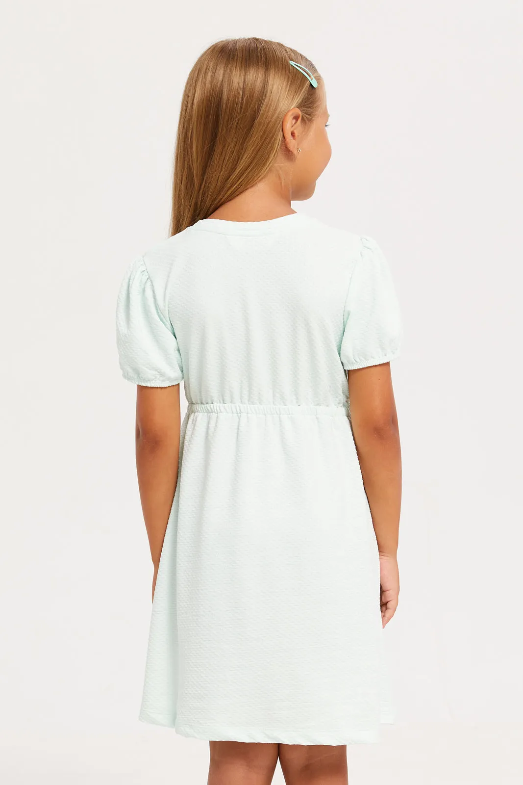 Girls Mint Knit Jacquard Elasticated Dress Whit Bow