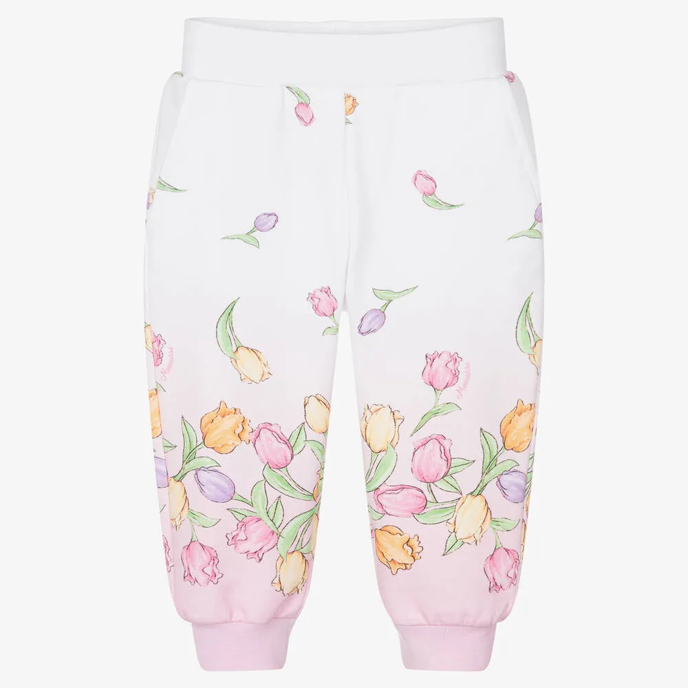 Girls Pink & White Cotton Floral Joggers