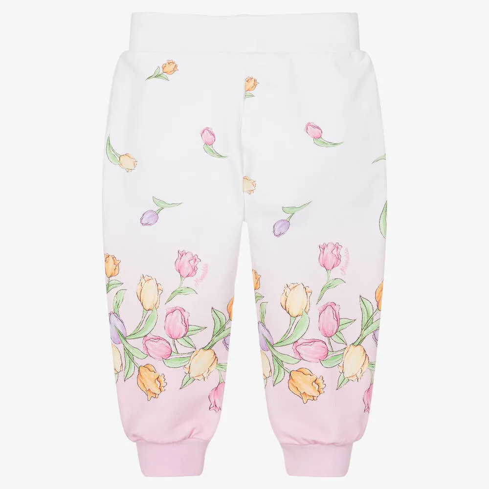 Girls Pink & White Cotton Floral Joggers